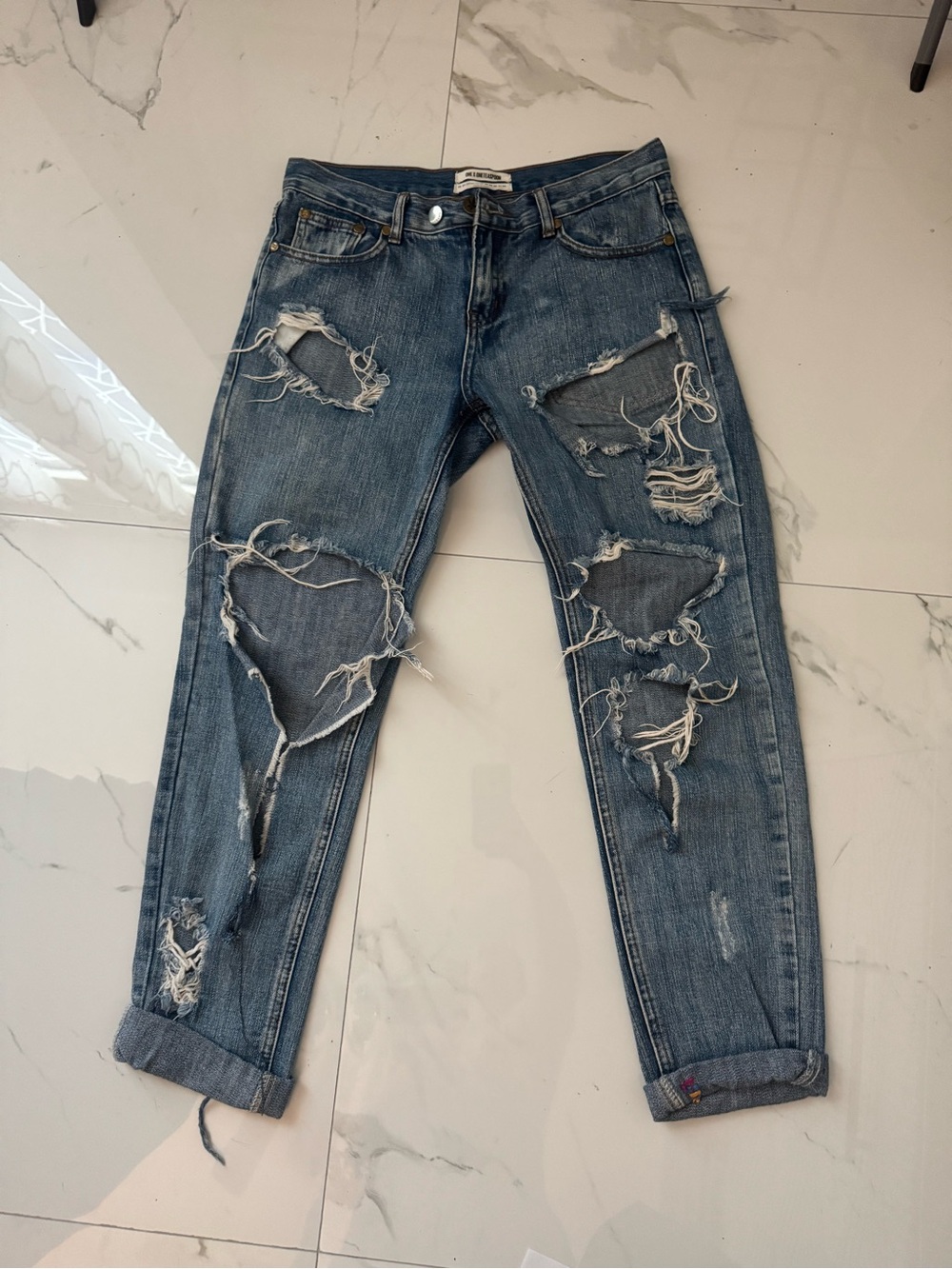 One Teaspoon Awesome Baggies Distressed Blue Ripped Boyfriend Jeans